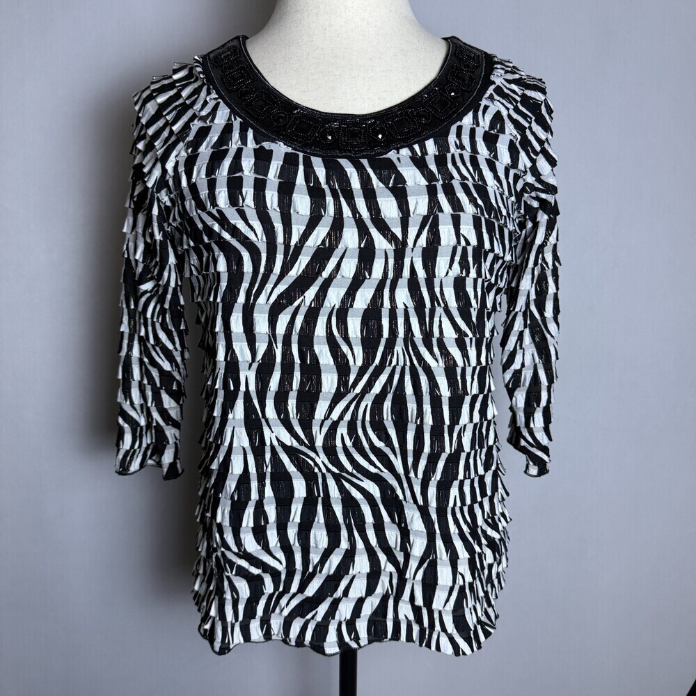 Investments Women's Ruffle Zebra Print Blouse Sz L Black White Gold 3/4 Sleeves